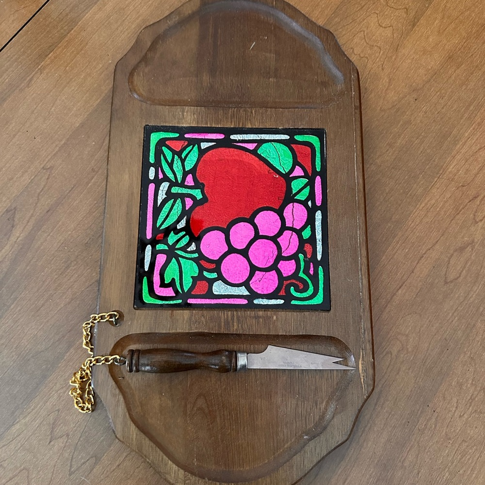 Vintage Wooden Serving Tray with Knife and Colorful Fruit Design